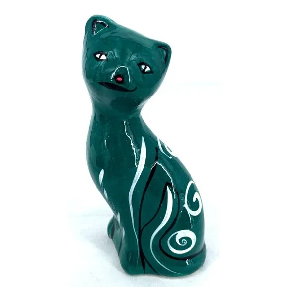 Talavera Cat Figurine Hand Painted Mexican Ceramic Green 5.5" - Picture 1 of 8